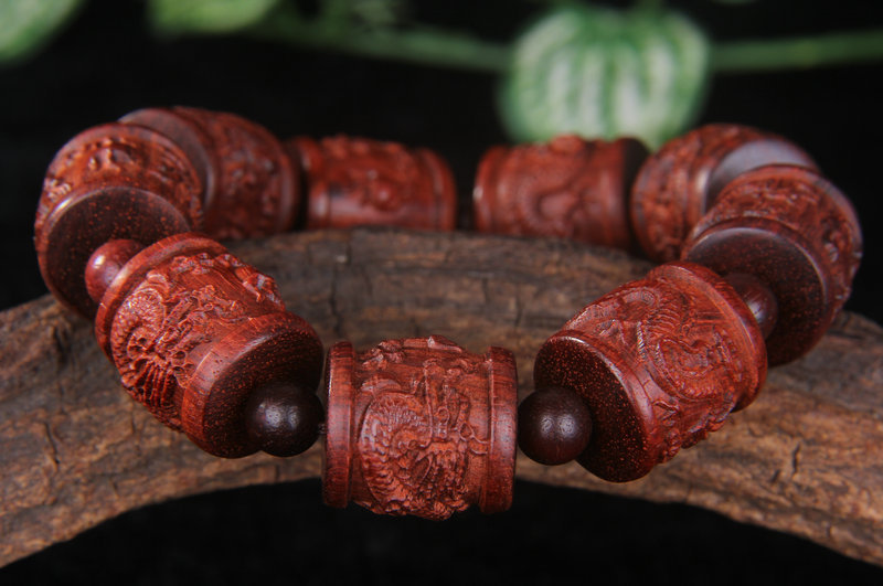 Small leaf rosewood double-sided carved double dragon play beads beads bracelet 2.0CM