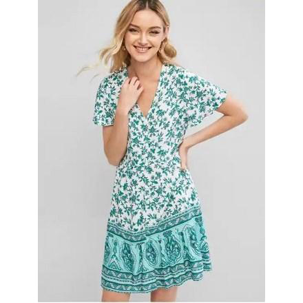 Button Loop Floral Printed Mini Dress