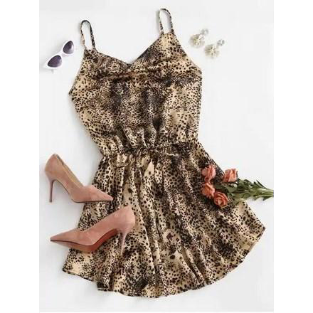 Cowl Front Tie Waist Leopard Cami Dress