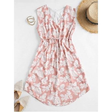 Belted Floral Leaves Print Mini Dress